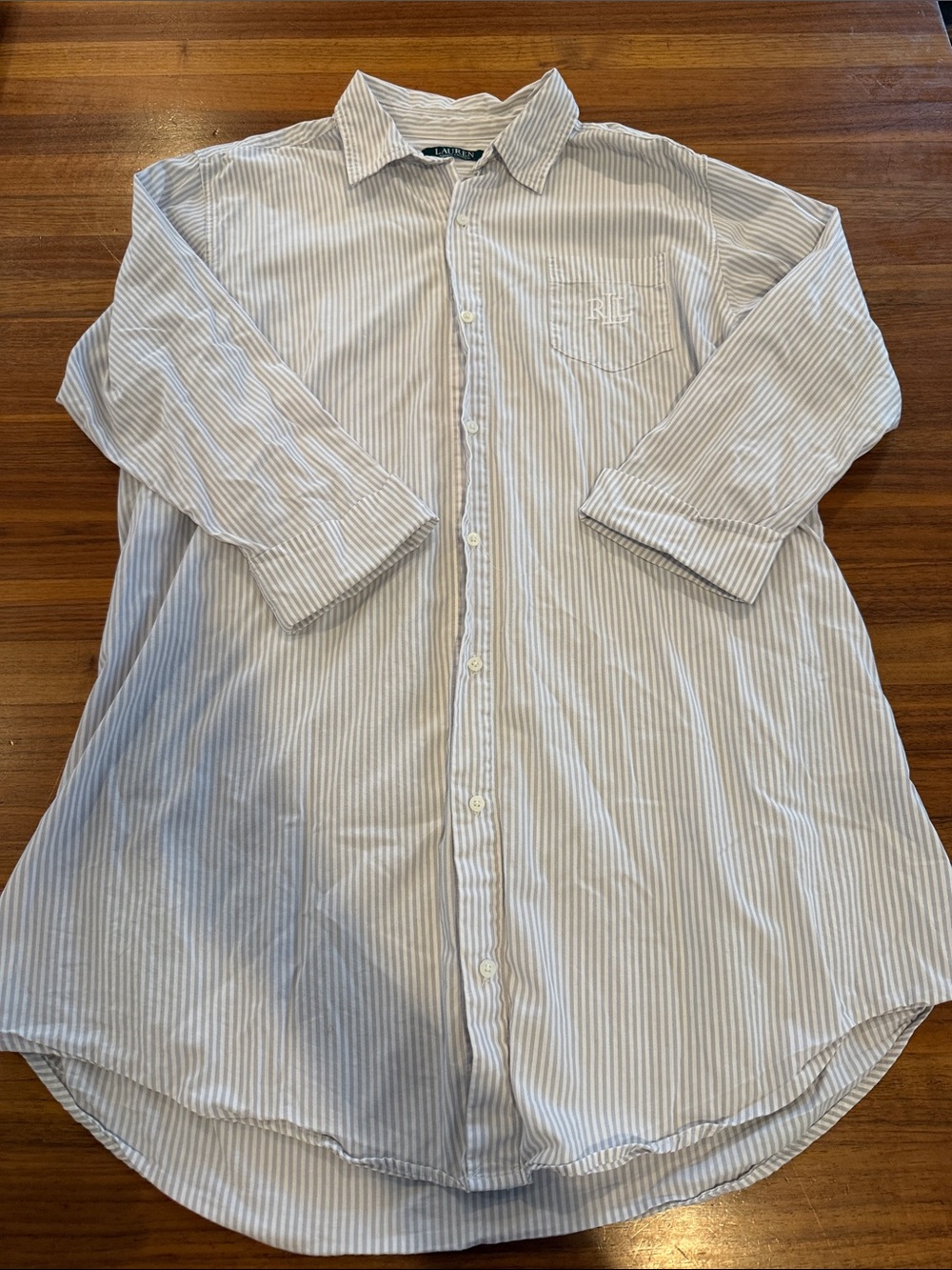 Lauren Ralph Lauren Cotton Sleep Shirt Size M grey Stripe 3/4 Roll Sleeve